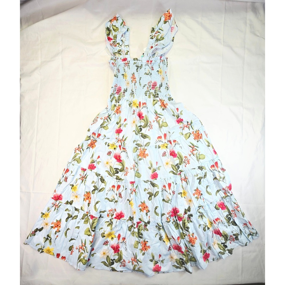 Few Moda Women's Floral Smocked Tiered Maxi Dress Size Medium Blue Ruffle Strap
